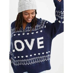 Aerie Oversized LOVE Sweater Quarter Zip Mock Navy Blue Women’s Size Small